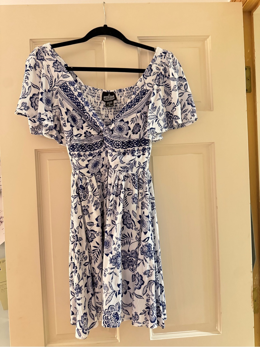 Floral Off-Shoulder Mini Dress in White & Navy
